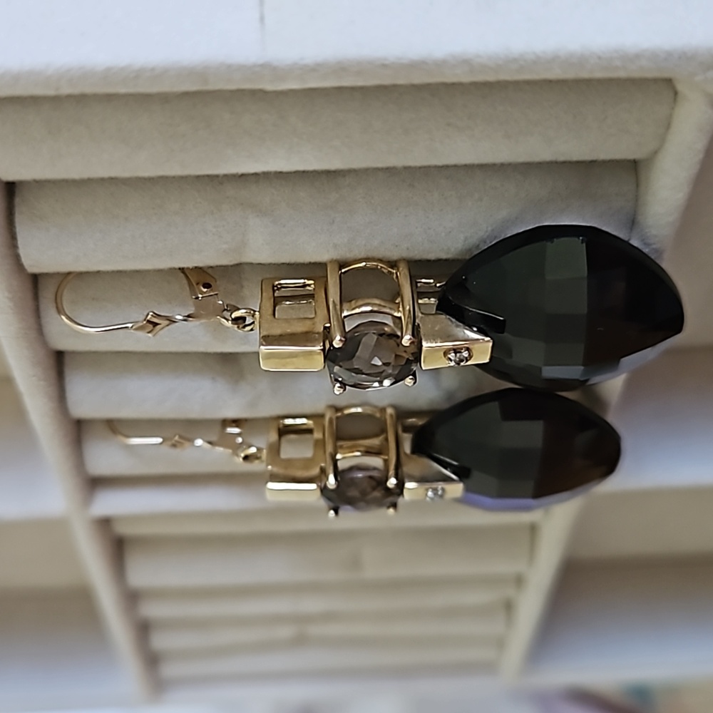 Vintage Smokey Topaz Diamond Accent Gold Drop Earrings - Picture 3 of 8
